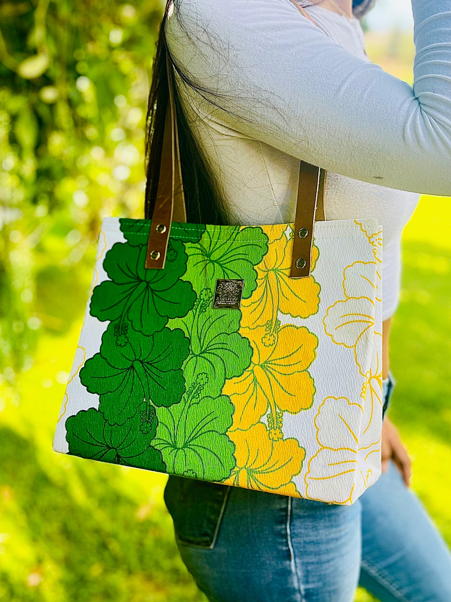NEW Vintage Tote Hibiscus Green and Yellow