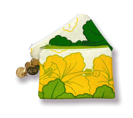 Vintage Mini Keychain Pouch Green Hibiscus