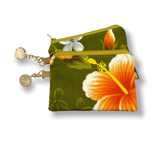 Vintage Mini Keychain Pouch Retro Green Hibiscus